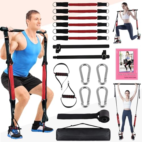 Pilates Bar Set Mit Widerstandsbändern, Krafttrainingsgeräte Frauen Männer, 60IBS-180IBS Verbesserte Pilates Widerstandsbänder und Toning Bar, Griffe für Home Gym,Tragbare Fitnessgeräte