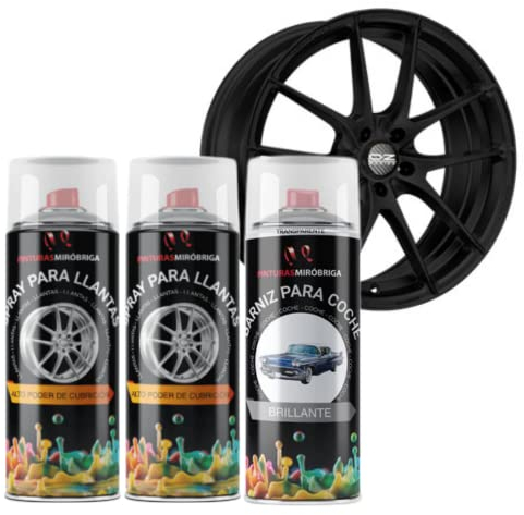 Pack Spray pintura para llantas en color Negro RAL 9005 x2unid. (400ml) + Spray Barniz Brillante Transparente x1unid.