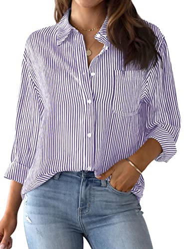 NONSAR Bluse Damen Elegant Langarm Streifenbluse Hemden mit Knöpfen Casual Büro Arbeit Blusen Baumwolle Tunika Hemd Oberteile Tops(9359L,Violett)