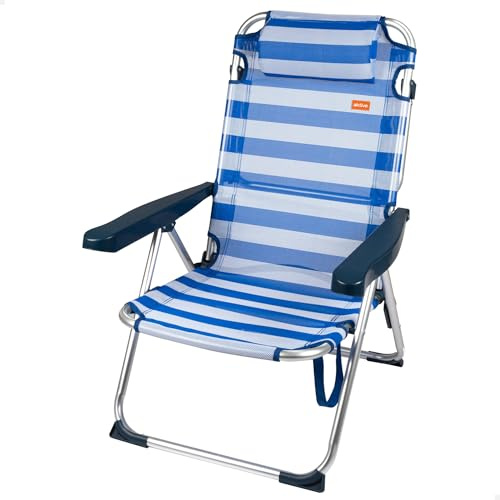 AKTIVE 62640 - Chaise de Plage Pliante Anti-Bascule Bleu, Inclinaison 5 Positions, Robuste et Légère avec Poignée de Transport et Coussin, Capacité de Charge Max 110kg, Dimensions 48X60X90cm
