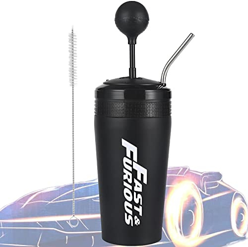 CLYQUE Fast and Furious Cup, Fast and Furious 10 Tasse à Eau, 500ml Coupelles de Style Levier de Vitesses, avec Paille Et Couvercle, Acier Inoxydable Smoothie Cups, Gobelet Réutilisable