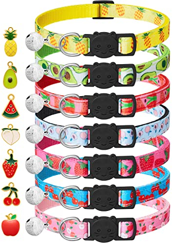 7 Stück Katzenhalsband mit Glöckchen und Fruchtanhängern,Halsband Katze mit Sicherheitsverschluss,Einstellbar von 18-30cm, Haustierbedarf