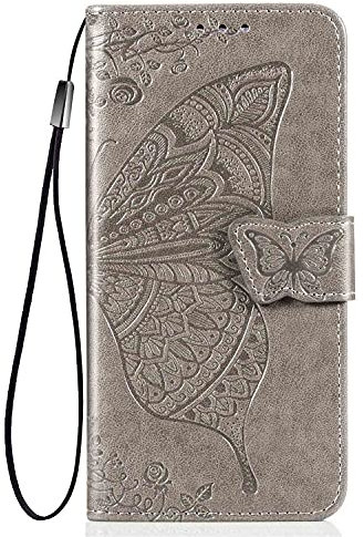 WBWONE Leather Folio Cover per OPPO Reno 10 5G / Reno 10 Pro 5G, Goffratura a Farfalla Custodia in Pelle PU Magnetica Libro Flip Portafoglio Case con [Funzione Stand]. Grigio