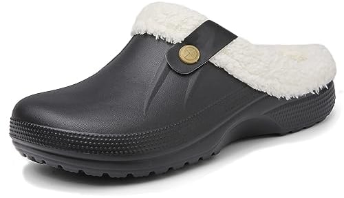 Meik Mangni Clogs Gefüttert Damen Herren Winter Gartenclogs mit Fell Warm Hausschuhe Frauen Geschlossen Pantoffeln rutschfeste Plüsch Pantoletten,Schwarz weiß Gr.37-38 EU