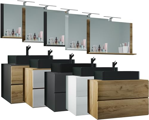 VCM 2-TLG. Waschplatz Waschtisch | schwarzes Waschbecken Unterschrank Breite 80 cm | Badmöbel Set mit Schubladen | Lendas BL