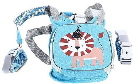 Kinderrucksack mit Sicherheitsleine, 1,5 Meter, Gestrickte Baumwolle und TPU, Cartoon-Tiermuster, Blau, für Kleinkinder und Babys