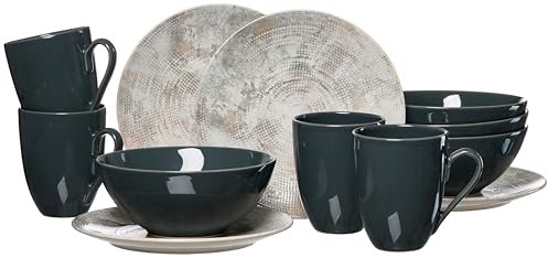 Ritzenhoff & Breker Cecina Frühstücks-Set 12-teilig, Kaffeebecher (320 ml) Müslischalen (16 cm) und Dessertteller (20 cm) für 4 Personen, Modernes Trendgeschirr, Steinzeug, Grau - Perle