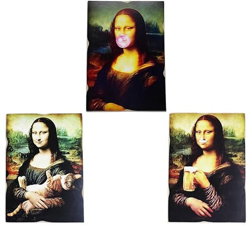 Kustom Art Set mit 3 Magneten La Gioconda Mona Lisa L. Da Vinci, Druck auf Holz, 10 x 6 cm.