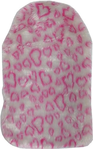 Hot Water Bottle Fluffy Soft Fleece Winter Cozy Bed Warmer Pink Love Hearts and Leopard Print (Pink Heart)