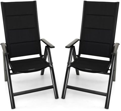 GOPLUS Gartenstuhl klappbar, 2er Set Balkonstuhl aus Alu mit 7-Fach verstellbar, Klappstuhl mit Hoher Rücklehne & Bequemer Armlehne, 110 kg belastbar, Hochlehner Terassenstuhl Campingstuhl, Schwarz
