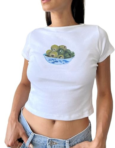 Women Y2k Short Sleeve Baby Tees E Girls Cute Graphic Print Crop Top Slim Fit T-Shirts Vintage Aesthetic Cloth Summer (1177 Olive Bowl, S)