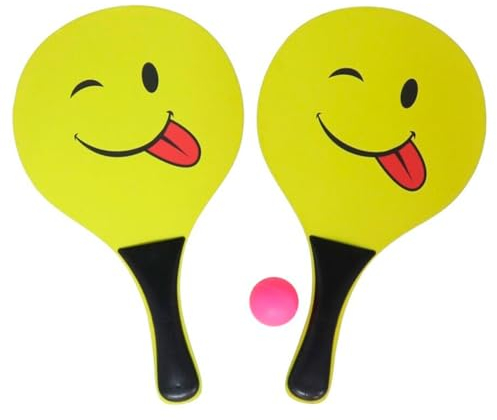 Tradineur - Set de Palas de Playa Carita Sonriente, Madera, Incluye Pelota, Mango Recubierto de plástico, Raquetas, Deporte, Aire Libre, 33 x 19 cm