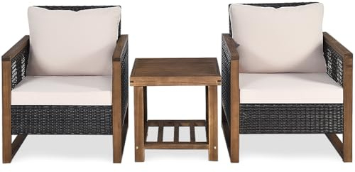 LIFEZEAL Conjunto de Muebles de jardín, Grupo de Asientos de poliratán con Cojines de Asiento, 2 sofás de ratán y Mesa de café, Muebles de balcón y Patio para 2 Personas