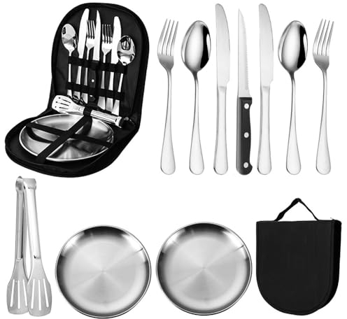 Roysmart Set di stoviglie da campeggio per 2 persone, 10 pezzi, in acciaio inox, set di stoviglie da picnic con cucchiaio, forchetta, coltello, clip per piatti, set di posate portatili per campeggio e