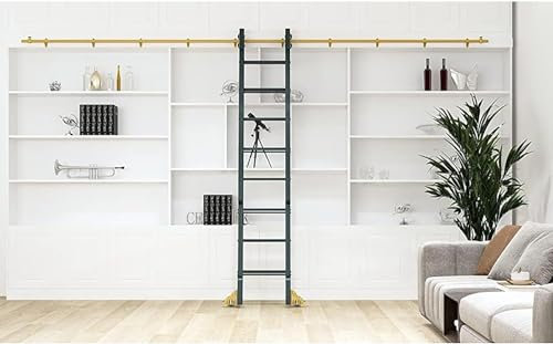 3.3ft-26.2ft Round Tube Sliding Library Ladder Hardware Rolling Full Set Track Kit for Wooden Ladder(No Ladder), Floor Roller with Brake, Golden Surface (Size : 8ft/244cm track kit)