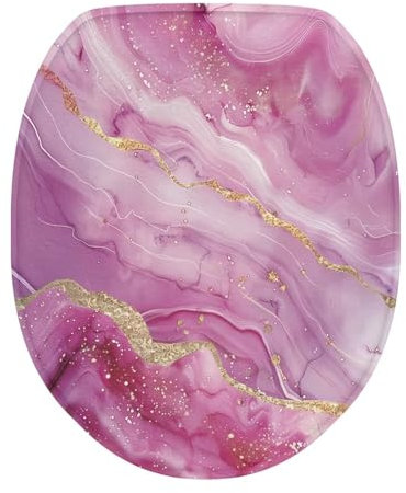 COEQINE Pink Bathroom Toilet Seat Cover Marble Fashion Toilet Lid Cover Washable Pink Gold Marble Pattern Dust Cover Washable Protector Cover with Elastic Bottom for Home Bathroom Women