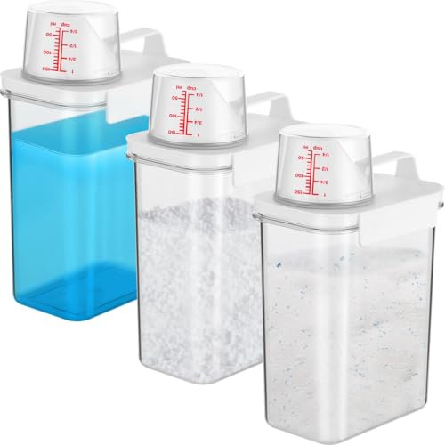 Lot de 3 distributeurs de lessive de 1,729,3 g, tasse à mesurer avec boîte à poudre, linge de chambre pour boîte de détergent liquide, récipient adoucissant en tissu transparent, distributeur de linge