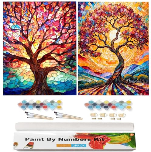 Qianbaiuk 2 Stück Malen Nach Zahlen Erwachsene Baum des Lebens Malen Nach Zahlen Baum DIY Acrylpigment für Art Home Decor(12x16 Zoll)