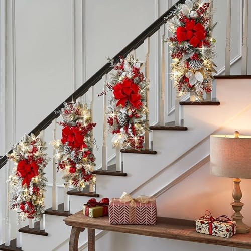 Decorazioni natalizie per scale, ghirlanda natalizia con luci LED, per interni ed esterni (rosso)