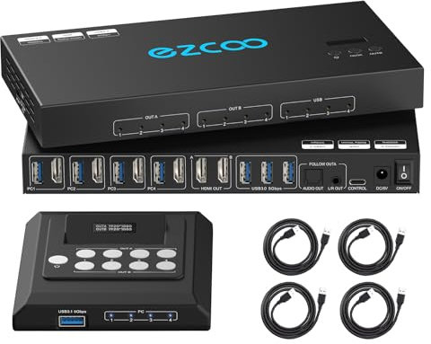 Commutateur KVM HDMI 4K @ 60 Hz USB 3.0, 4 ordinateurs, 2 moniteurs, émulateurs EDID, commutateur matriciel KVM pour 4 PC partagent 2 écrans et 4 ports USB 3.0 SPDIF L/R audio, mode matrice/mirro, 2