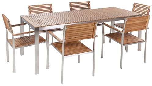Beliani Gartenmöbel Set 7-teilig zertifiziertes Holz Hellbraun Edelstahl Viareggio II