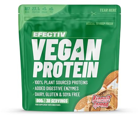 Efectiv Vegan Protein Powder 900g - Biscuit Spread 23g Protein - Dairy, Gluten & Soy Free - Low Sugar Plant Based Protein Powder with Digestive Enzymes & Recyclable Packaging (30 Servings)