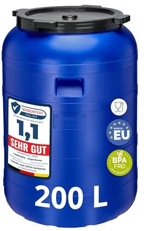 Garronda 200 Liter Weithalsfass BPA-frei Futtertonne Fass Universalfass Lebensmittel Fass Regenfass für Garten Regentonne mit Deckel Regenwassertonne für Garten Wassertonne GD-0093, Blau