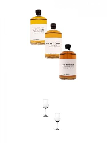 Grafschaft Mark Best of Mix Alte Birne/Haselnuss/Marille je 1 x 0,7 Liter + Nosing Gläser Kelchglas 2 Stück