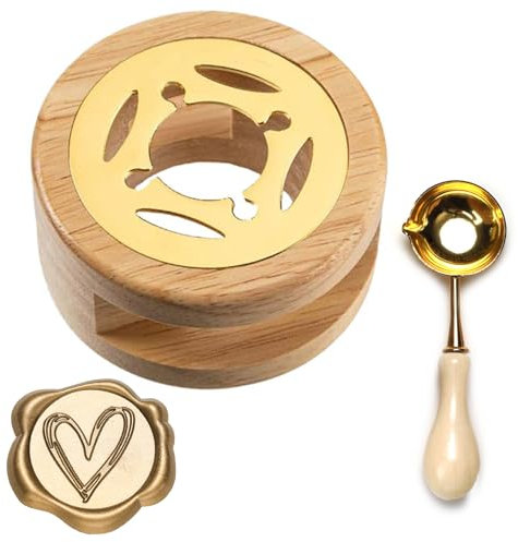 Wachssiegelwärmer, Siegelwachs Set，Wachssiegel Stempel, Wachssiegel Stempel Set, Siegelwachs-Ofen-Werkzeug, Wachsheiztopf mit Schmelzlöffel, Wax Seal Warmer Kits für DIY Hochzeit Einladung(Holzfarbe)