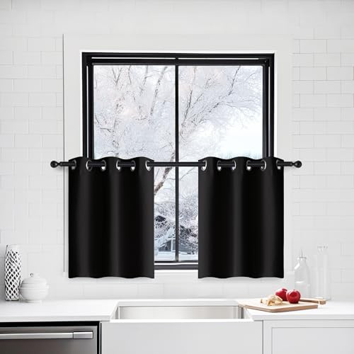 PONY DANCE Blackout Eyelet Tier Curtains, Black, 2 Panels, 29 x 24 Inch | Thermal Insulated Short Cafe Curtains for Small Windows, Super Soft Drapes for Kitchen, Bathroom, Caravan/RV or Cabinets