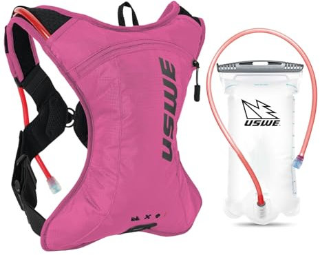 USWE Outlander XC 2L Trinkrucksack, Laufen, Wandern, Trinkrucksack mit Wasserblase (1,5 l/1,417.5 g), Hydropack für Damen und Herren, Rucksackausrüstung und Ausrüstung für Radfahren, MTB (Rosa, 2L)