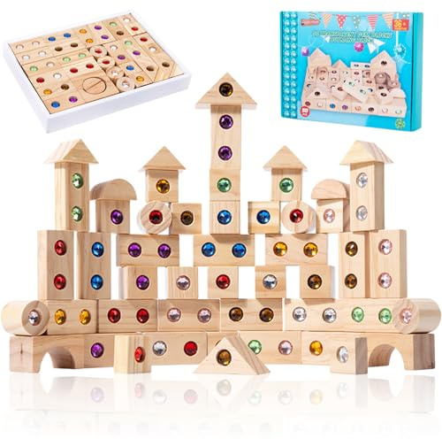 Sensorik Bausteine aus Holz, Montessori Stapelspiel, 50 Stück, ab 3 Jahren | Bunte Acrylsteine in verschiedenen Formen zum Bauen und Sortieren; fördert Feinmotorik, Kreativität und räumliches Denken.