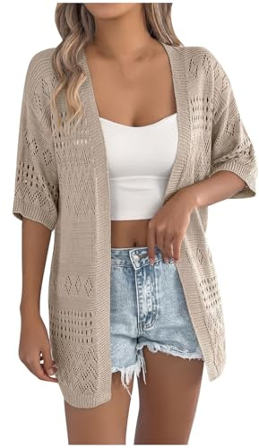 Women's Crochet Cardigans Hollow Out Short Sleeve Cardigan Open Front Casual Knitted Sweater Jacket Ladies Summer Cardigans Lightweight Beach Coverups Shrugs Outwear Top Ladies Knit Top Khaki
