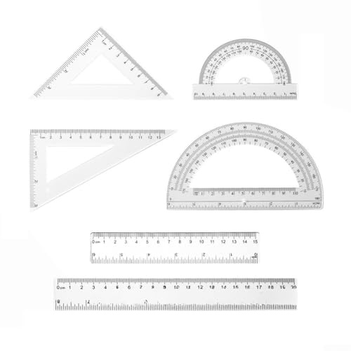 Set completo di 6 strumenti matematici in plastica trasparente con righelli, goniometri e strumenti di misurazione triangolari per compiti accurati (bianco)