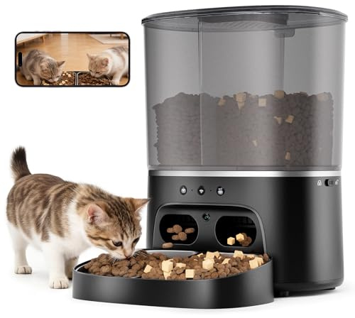 8 L Smart Pet Feeder with Camera, 1080p HD Video with Night Vision | 2-Way Audio, Dual Bowls Automatic Cat Feeder 5GHz WIFI Cat Dry Food Dispenser with App Control for Multiple Pets