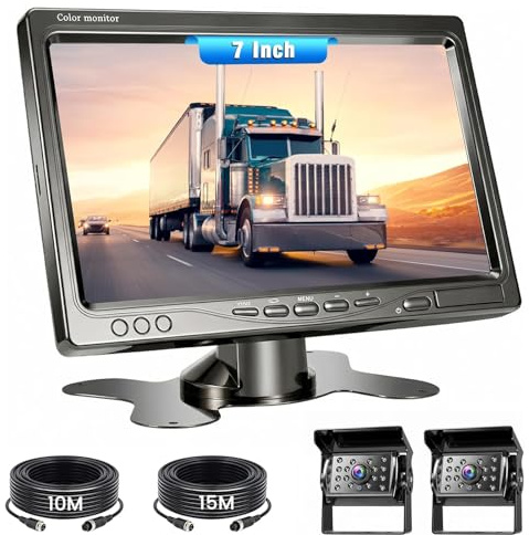 Realdio Set Doppia Retrocamera, Monitor 7 Pollici, 18 LED IR, IP68 | Visione Notturna, Cavi Stabili da 15 m e 10 m, 12-24V per Camper, Camion, Bus, Furgone, Rimorchio e Veicoli Agricoli