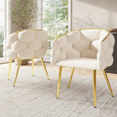 Lot de 2 chaises de Salle à Manger en Velours avec Pieds réglables en Hauteur, chaises rembourrées de Luxe Beige, Fauteuil Stable avec Design en éventail et Pieds en métal doré pour Salon et