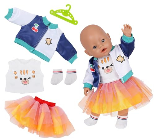 Atomvia Puppenkleidung 35–43 cm, 5-teiliges Outfit mit Kontrast-Farbjacke, Weste, Tüllrock, gestreifte Socken & Kleiderbügel, Puppen Kleidung Zubehör (Ohne Puppe)