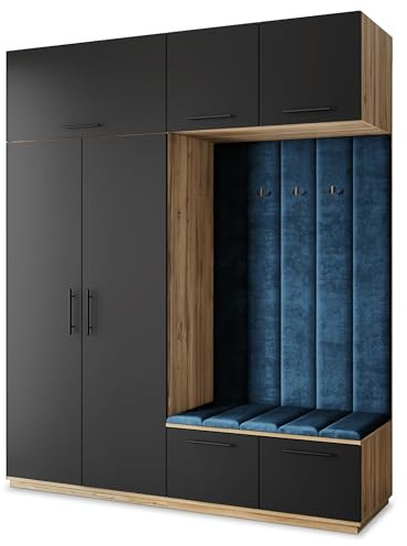 Masseno Flugarderoben Set Rema, Kleiderschrank-Set mit Sitzbank, Garderobenschrank Flur mit 5 Regalböden, Eiche Wotan/Schwarz