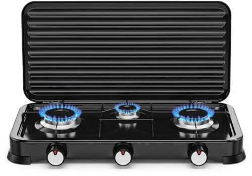 Cocina de Gas Portátil 3 Fogones 5.4kW – Hornillo Camping Butano/Propano con Tapa, Fuego Ajustable, Alta Potencia para Camping, Exterior, Viajes y Cocina al Aire Libre. (3 Fogones)