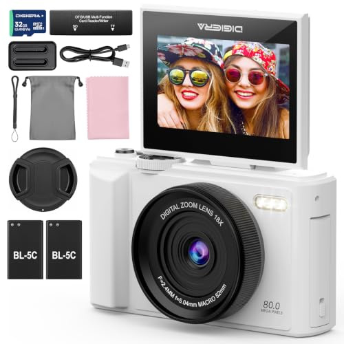 DIGIERA 5K Digital Camera 80MP UHD, Detachable Anti-Shake Vlogging WIFI Camera, 18X Zoom Autofocus 3.0'' IPS Screen, Compact Portable Camera for Teens Beginners, 32GB SD Card Included,White