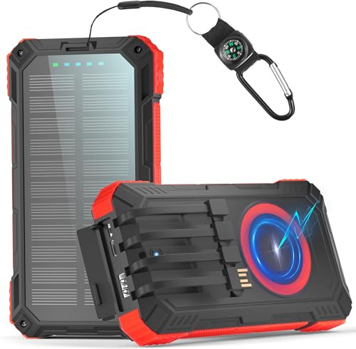 Power Bank 56800mAh Solar Charger 15W Wireless Charging USB-C 30W Fast Charging with 4 Built-in Cables LED Flashlight Battery Pack Compatible with iPhone, iPad, Galaxy, Perfect for Camping (Red)