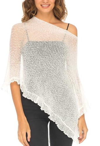 SHU-SHI, femmes - Top pull en tricot léger à volants en poncho transparent blanc