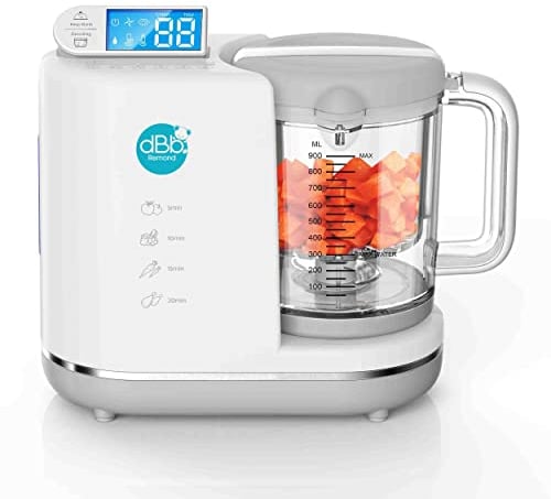 dBb Remond Robot Cuiseur Bébé Multifonctions - Robot culinaire 6 en 1, Cuit vapeur, Mixe, Hache, Stérilise, Chauffe, Décongèle - Auto nettoyant - Blanc & gris
