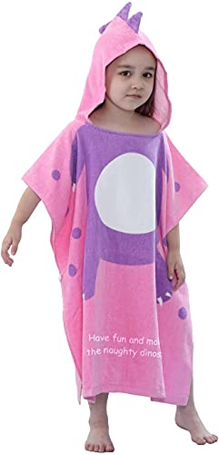 LOLANTA Kinder Badeponcho Dinosaurier, Kapuzen Dinohandtuch Poncho,Weich Frotté Strandtuch,100% Baumwolle（Rose A，5-7 Jahre,Etikettengröße L