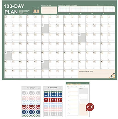 Großer 100-Tage-Planplaner, perfekter Plan/Zeit-Organizer für Studium, Prüfung, Diät, Fitnessplanung, bunt, täglicher Wandaufkleber-Kalender auf Kühlschrank, grün