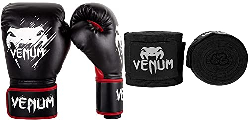 Venum Kinder Contender Boxhandschuhe, Schwarz/Rot, 8 oz & Erwachsene Bänder Kontact Handgelenk und Armschoner, Schwarz, 2,5m