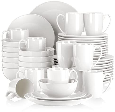 LOVECASA-Sweet Vajilla de Porcelana de 48 piezas, Juego de Vajilla para 12 Personas, Cada Una con 12 Cuencos, 12 Tazas, 12 Platos de Postre y 12 Platos de Cena, Blanco