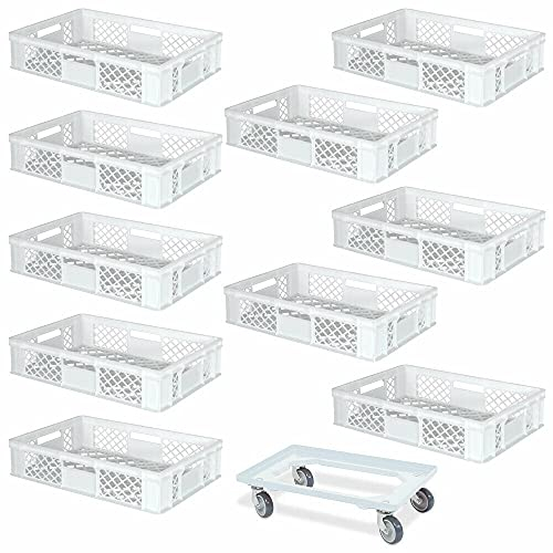 BRB 10 Eurobehälter, LxBxH 600x400x150 mm, Industriequalität, lebensmittelecht + 1 Transportroller mit Deck aus bruchsicherem ABS-Kunststoff (weiß/weiß)