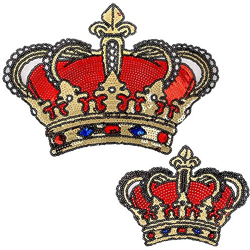 LOCOMO Set 2 Large Royal Crown Sequin Iron On Patch Sew On Patch Sparkling Imperial King Queen DIY Applique Motif for Kid Girl Women Clothing Jacket Backpack Decoration